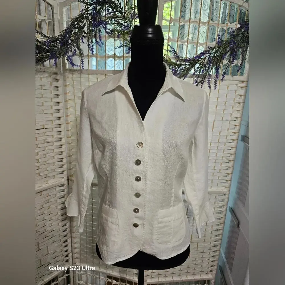 🧨 Talbots Ivory Irish Linen Ruffle Sleeve Button Down Blouse - Picture 10 of 11